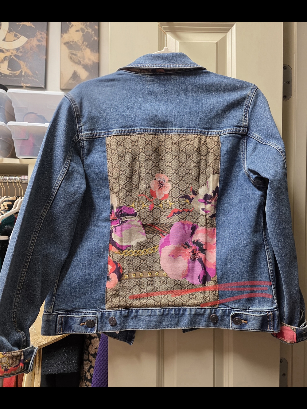 Repurposed Designer Scarf With A Floral Panel On A Blue Denim Jacket